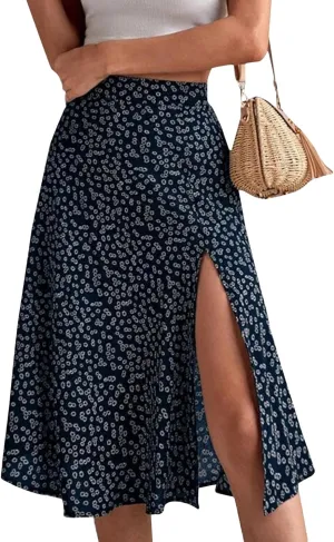 Women's Summer Casual Loose Trendy Elastic High Waist Floral Print Bohemian Split Sun Beach Midi Skirts, S-3XL