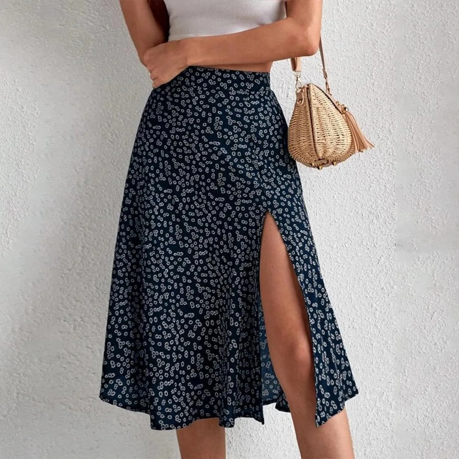 Women's Summer Casual Loose Trendy Elastic High Waist Floral Print Bohemian Split Sun Beach Midi Skirts, S-3XL