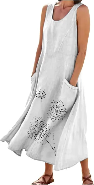 Womens Summer Cotton Linen Long Dress Loose Fit Sleeveless Flowy Dresses 2025 Plus Size Casual Dress with Pockets