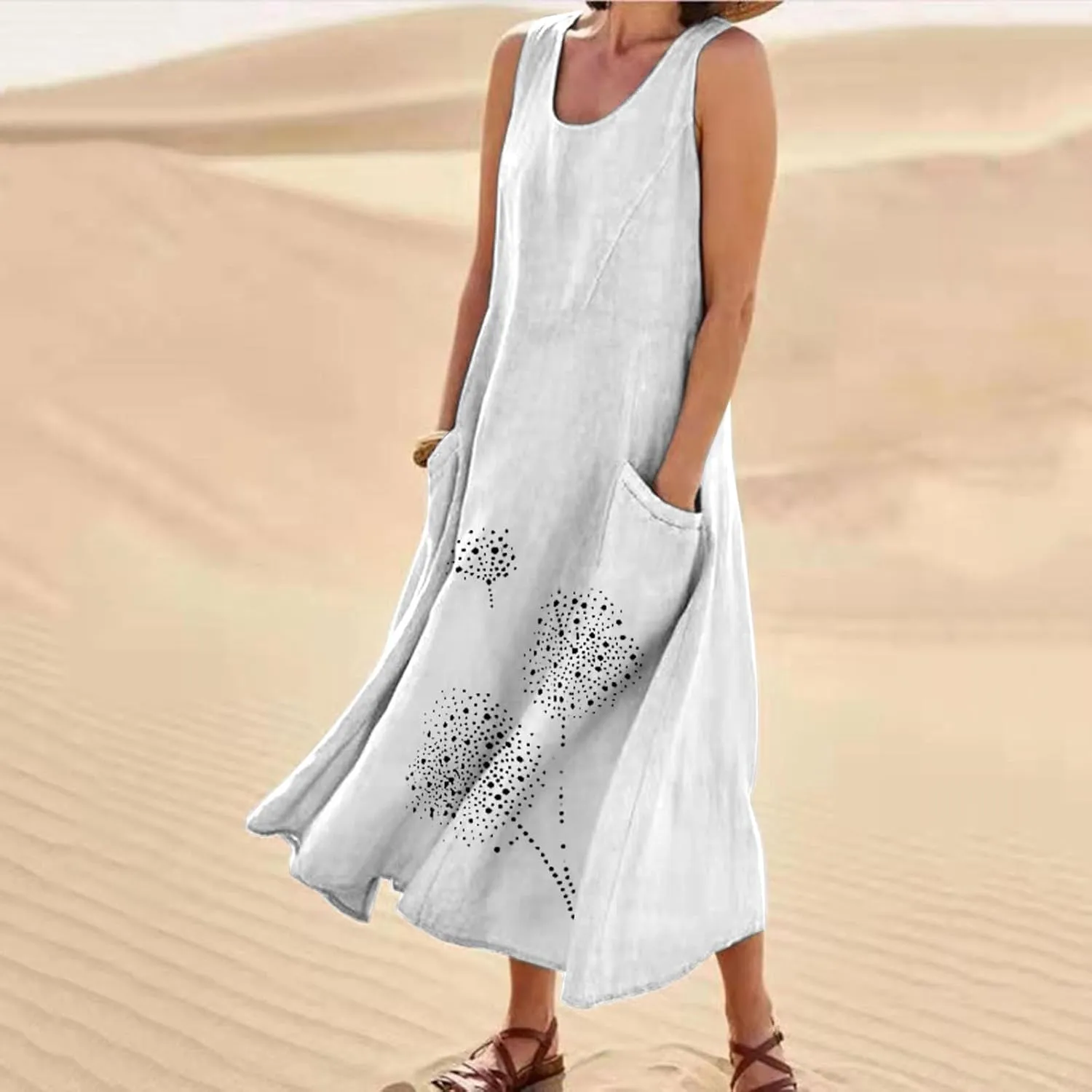Womens Summer Cotton Linen Long Dress Loose Fit Sleeveless Flowy Dresses 2025 Plus Size Casual Dress with Pockets