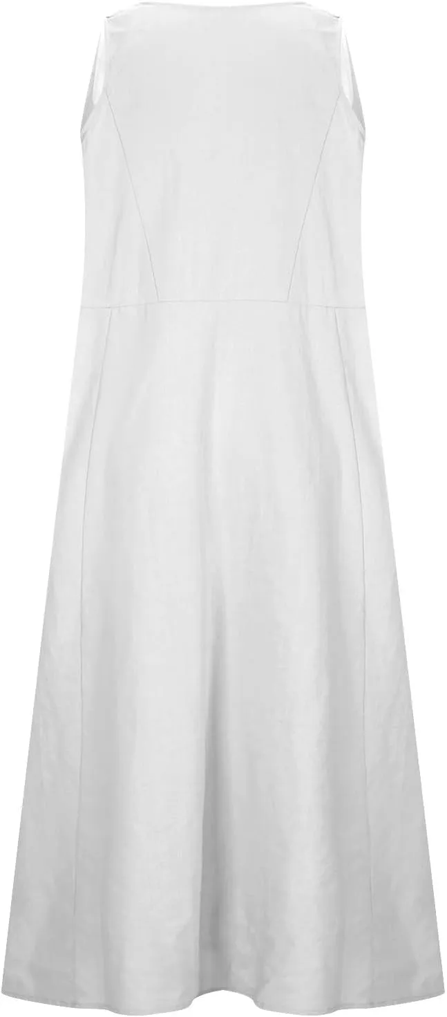Womens Summer Cotton Linen Long Dress Loose Fit Sleeveless Flowy Dresses 2025 Plus Size Casual Dress with Pockets