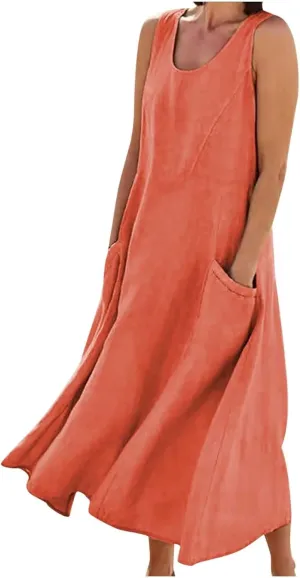 Women's Summer Cotton Linen Long Dress Sleeveless Elegant Flowy Dresses Plus Size Loose Comfy Dress with Pockets