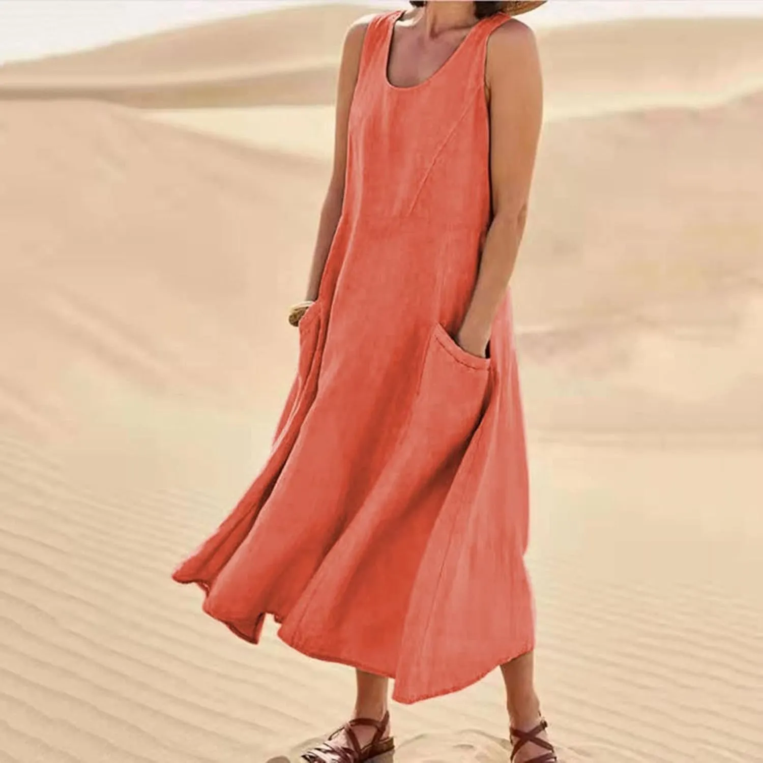 Women's Summer Cotton Linen Long Dress Sleeveless Elegant Flowy Dresses Plus Size Loose Comfy Dress with Pockets