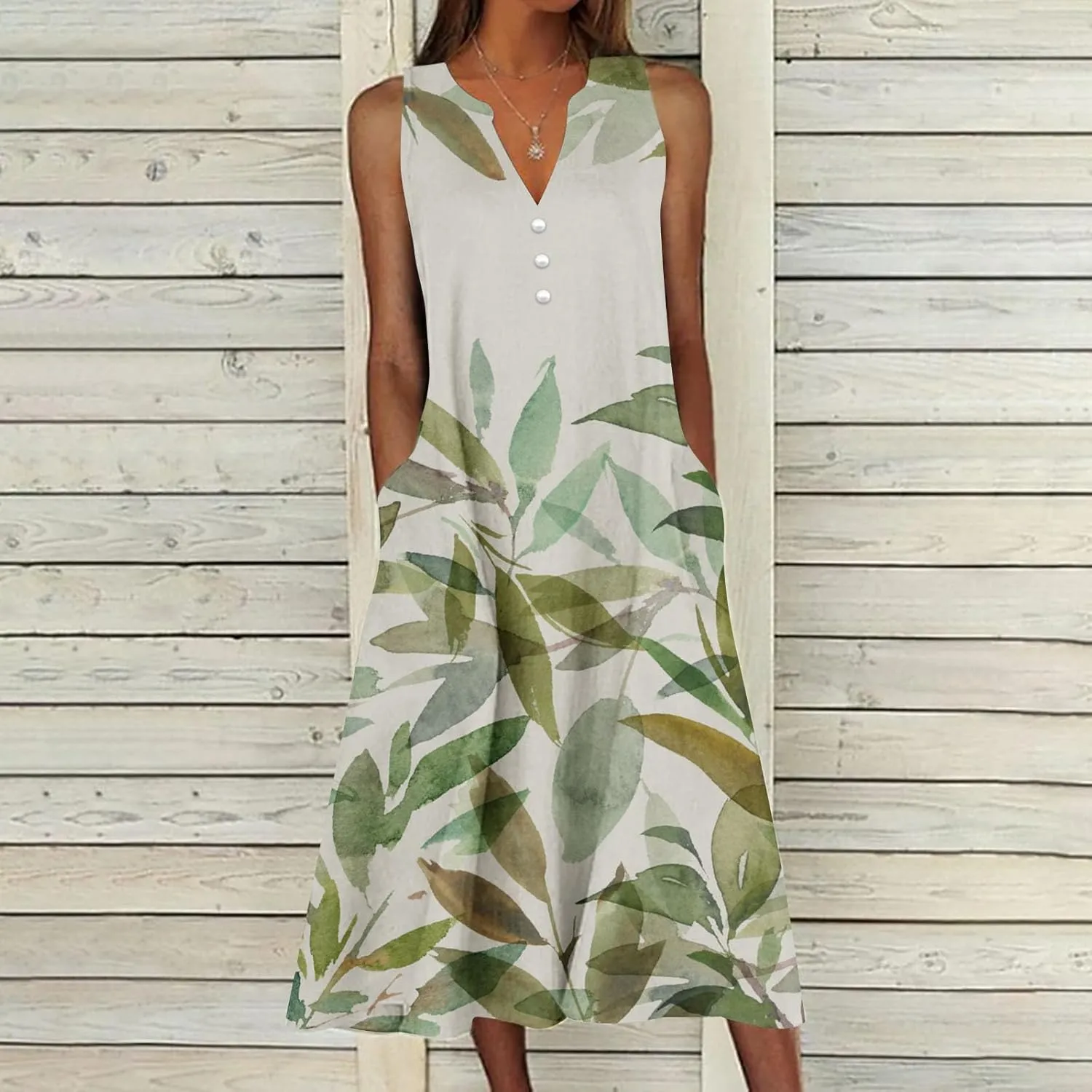 Womens Summer Design Casual Dress Fashion Floral Printed Elegant Dress Sleeveless V-Neck Long Dress with Pockets