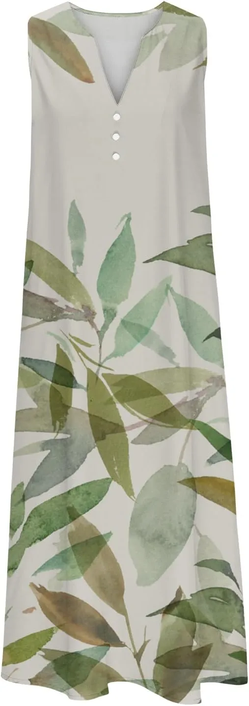Womens Summer Design Casual Dress Fashion Floral Printed Elegant Dress Sleeveless V-Neck Long Dress with Pockets