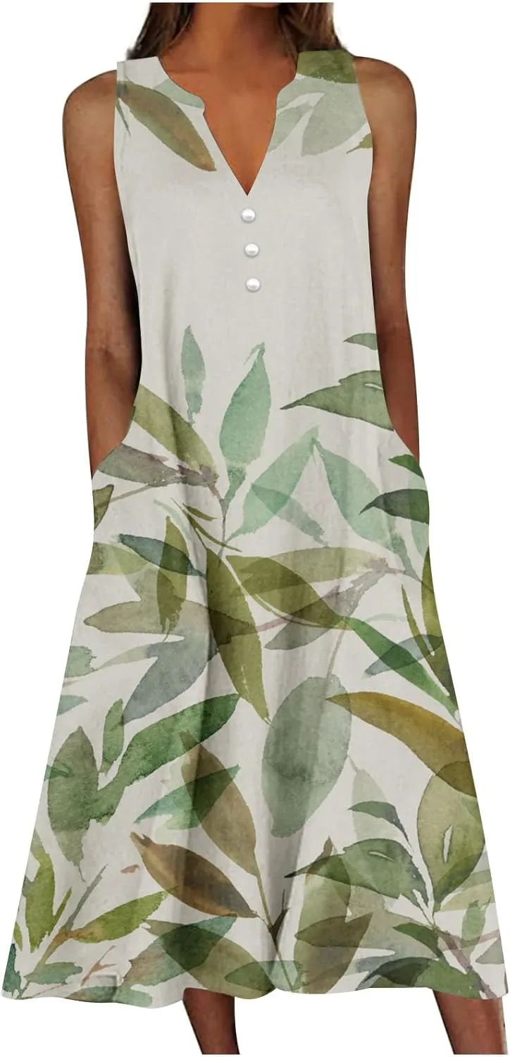 Womens Summer Design Casual Dress Fashion Floral Printed Elegant Dress Sleeveless V-Neck Long Dress with Pockets