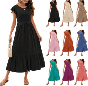 Women's Summer Dress Crew Neck Short Sleeve Dresses Casual Midi Dresses Smocked Elastic Waist Tiered A-Line Dress