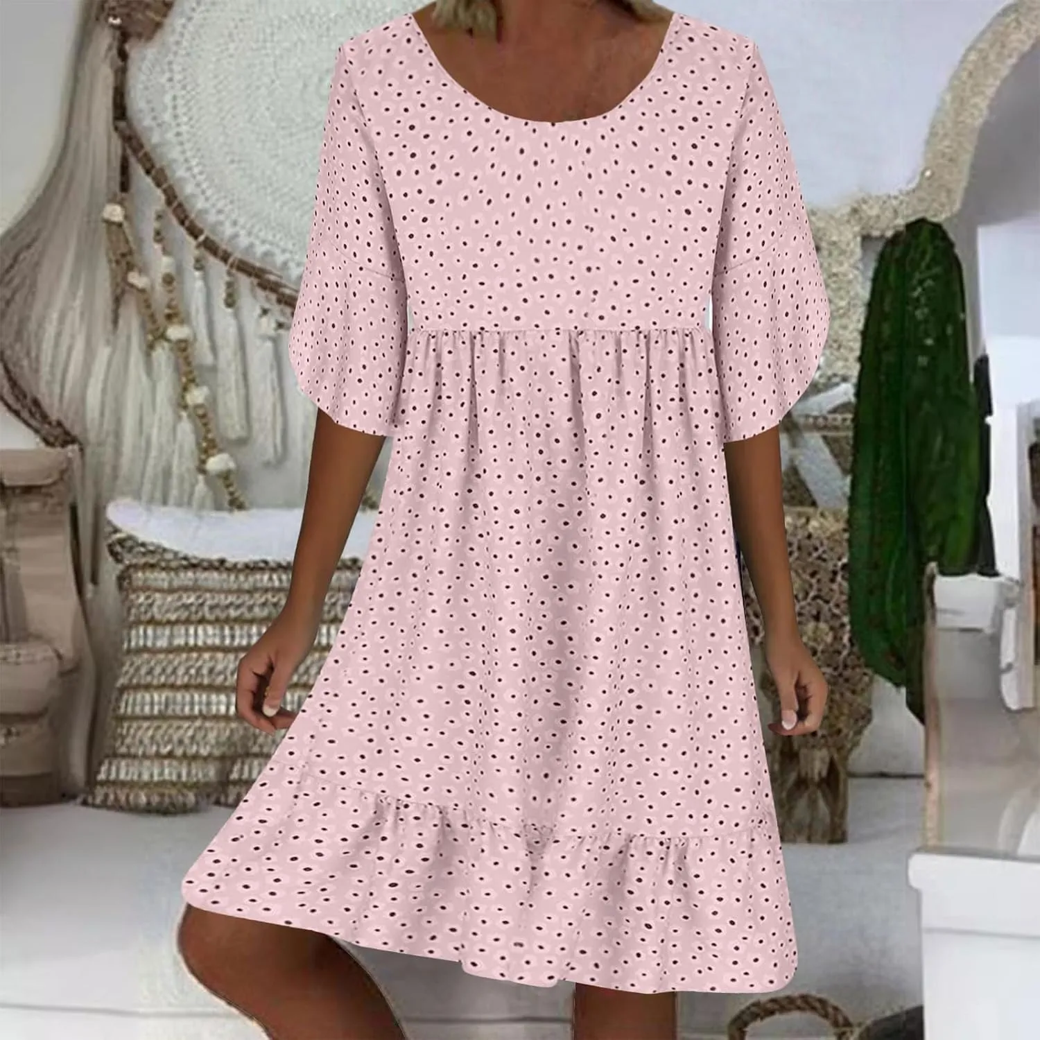 Womens Summer Dresses 2024 Casual Loose Crewneck Flowy Mini Dress Flowy Short Sleeve Empire Waist Ruffle Mini Dress