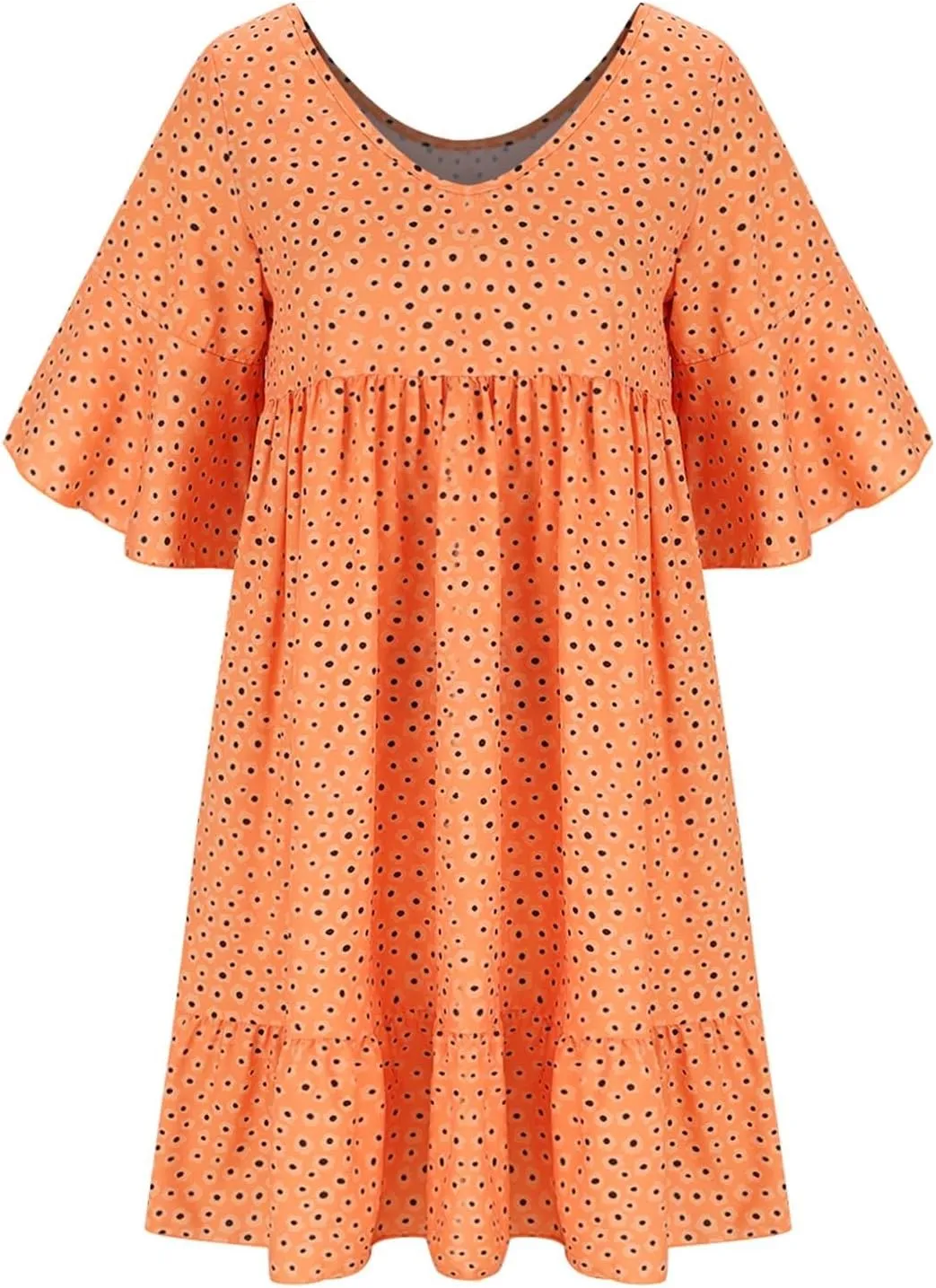 Womens Summer Dresses 2024 Casual Loose Crewneck Flowy Mini Dress Flowy Short Sleeve Empire Waist Ruffle Mini Dress