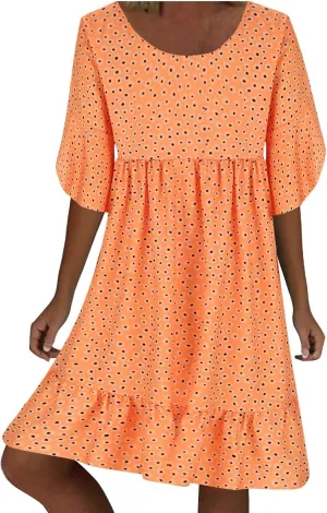 Womens Summer Dresses 2024 Casual Loose Crewneck Flowy Mini Dress Flowy Short Sleeve Empire Waist Ruffle Mini Dress