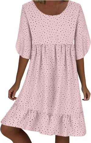 Womens Summer Dresses 2024 Casual Loose Crewneck Flowy Mini Dress Flowy Short Sleeve Empire Waist Ruffle Mini Dress