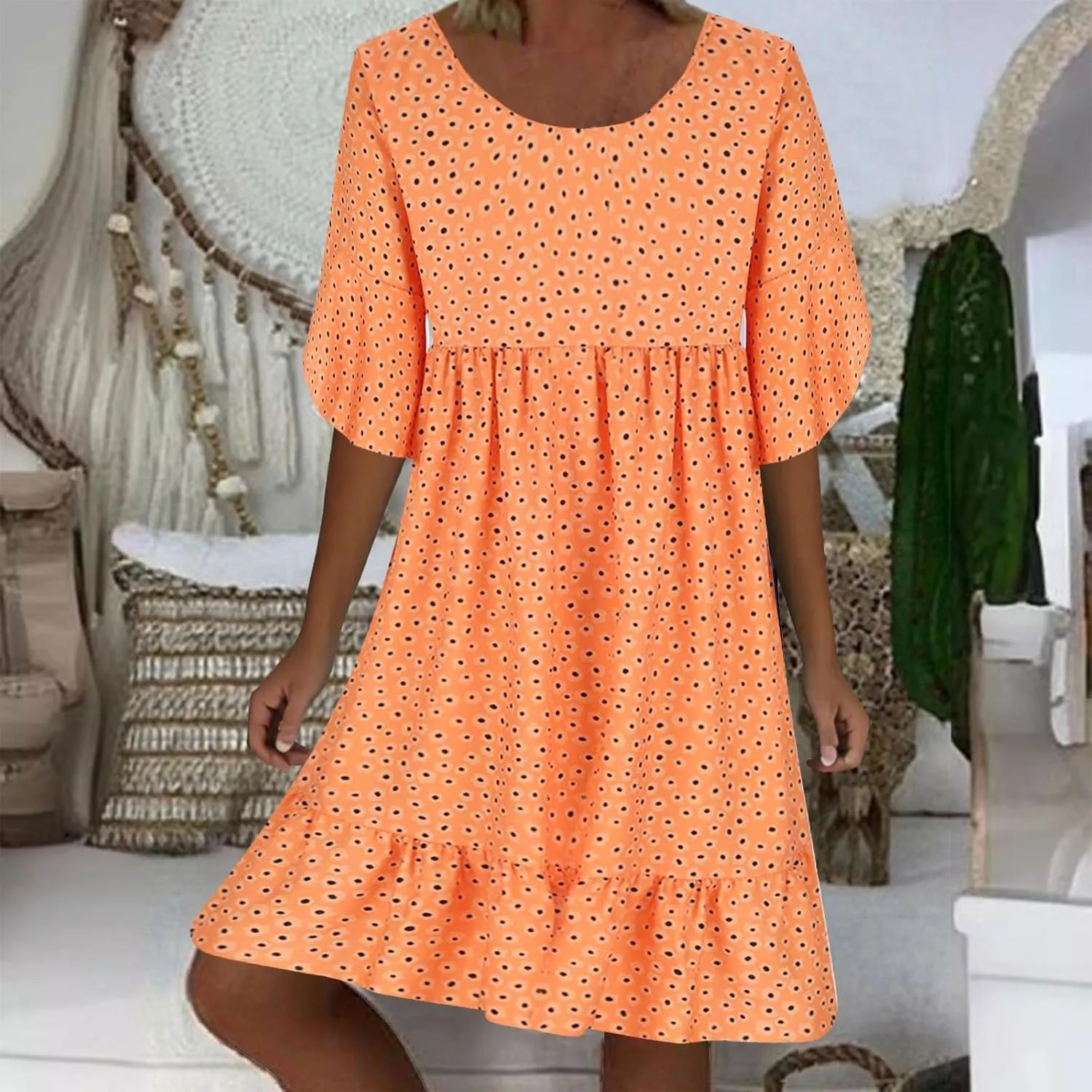 Womens Summer Dresses 2024 Casual Loose Crewneck Flowy Mini Dress Flowy Short Sleeve Empire Waist Ruffle Mini Dress