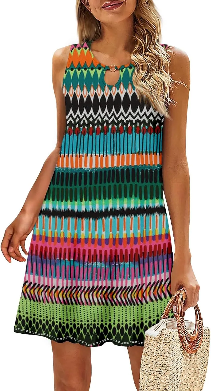 Womens Summer Dresses Boho Hawaiian Floral Crew Neck Sleeveless Casual Elegant Trendy Tank Dress