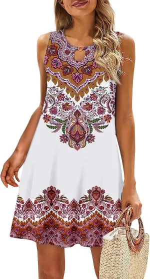 Womens Summer Dresses Boho Hawaiian Floral Crew Neck Sleeveless Casual Elegant Trendy Tank Dress