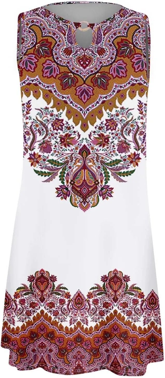 Womens Summer Dresses Boho Hawaiian Floral Crew Neck Sleeveless Casual Elegant Trendy Tank Dress