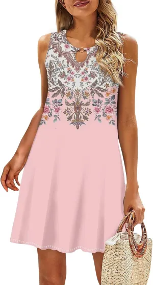 Womens Summer Dresses Boho Hawaiian Floral Crew Neck Sleeveless Casual Elegant Trendy Tank Dress