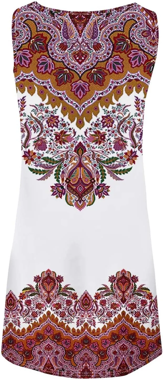 Womens Summer Dresses Boho Hawaiian Floral Crew Neck Sleeveless Casual Elegant Trendy Tank Dress