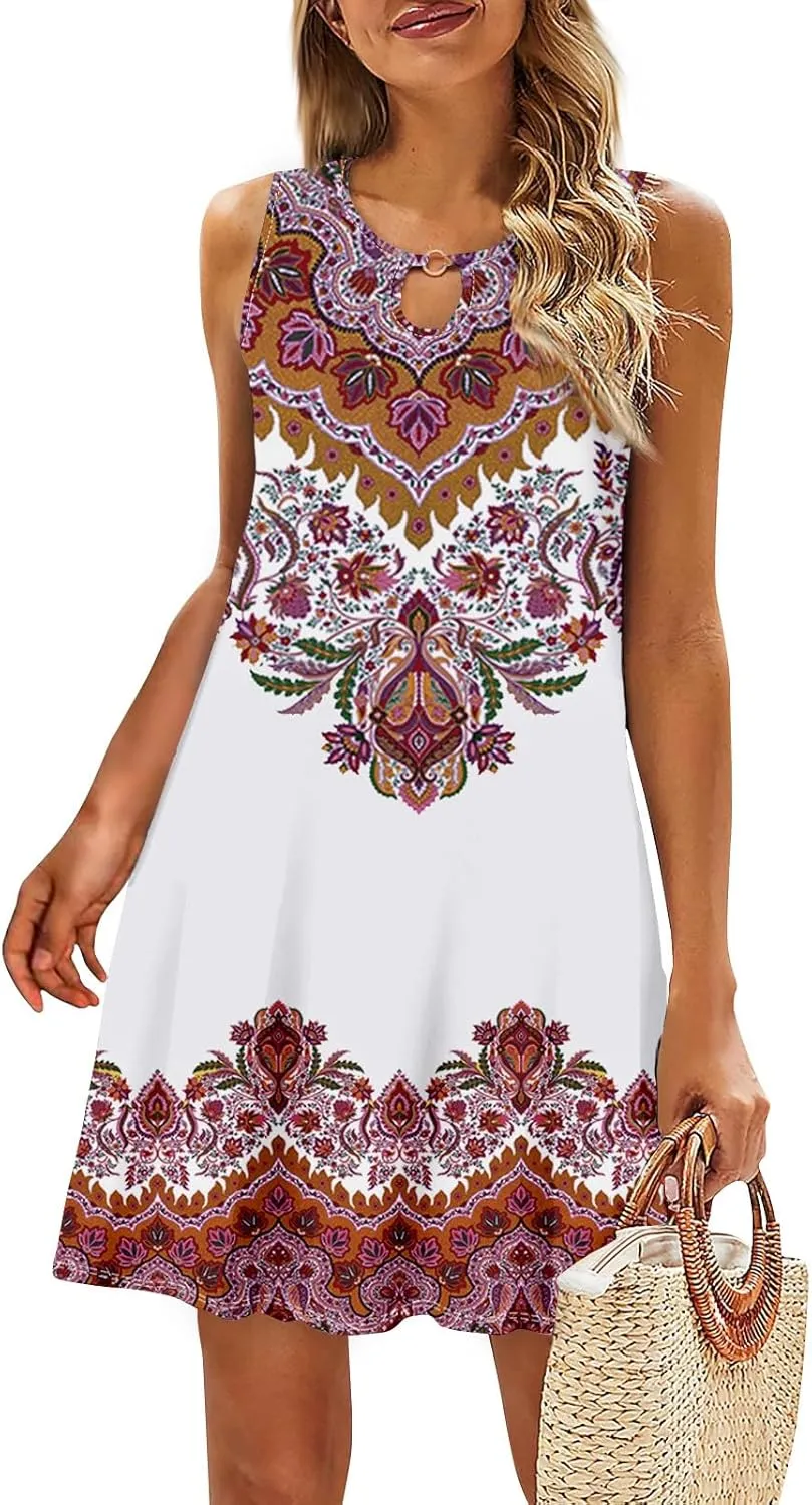 Womens Summer Dresses Boho Hawaiian Floral Crew Neck Sleeveless Casual Elegant Trendy Tank Dress
