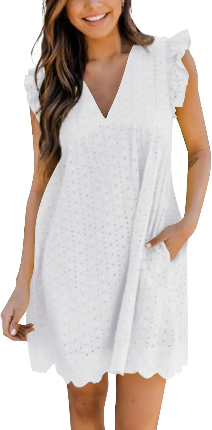 Womens Summer Dresses Cap Sleeve Babydoll Eyelet Ruffle V Neck Mini Dress Plus Size Casual Loose Sundress with Pockets Party