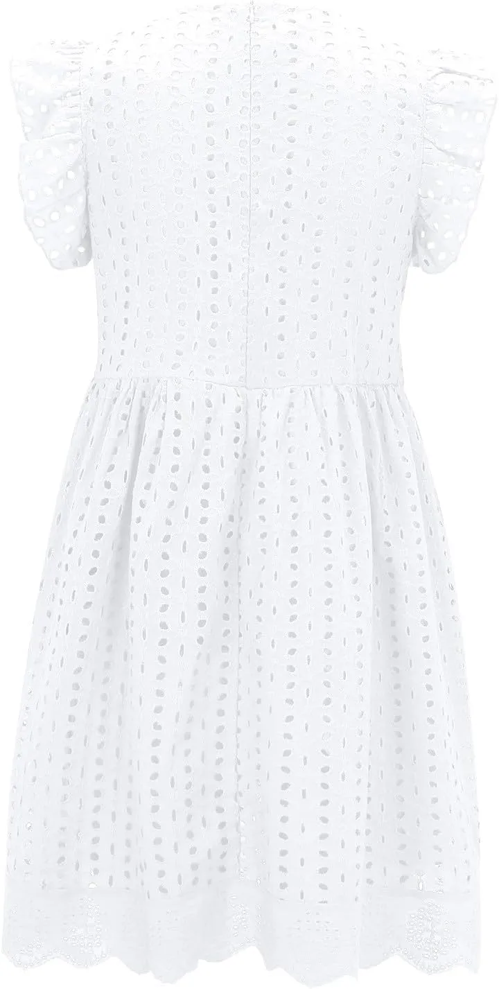Womens Summer Dresses Cap Sleeve Babydoll Eyelet Ruffle V Neck Mini Dress Plus Size Casual Loose Sundress with Pockets Party