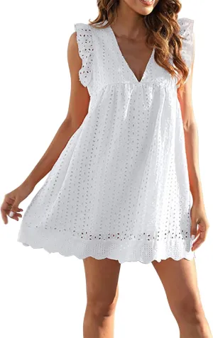 Womens Summer Dresses Cap Sleeve Babydoll Eyelet Ruffle V Neck Mini Dress Plus Size Casual Loose Sundress with Pockets Party