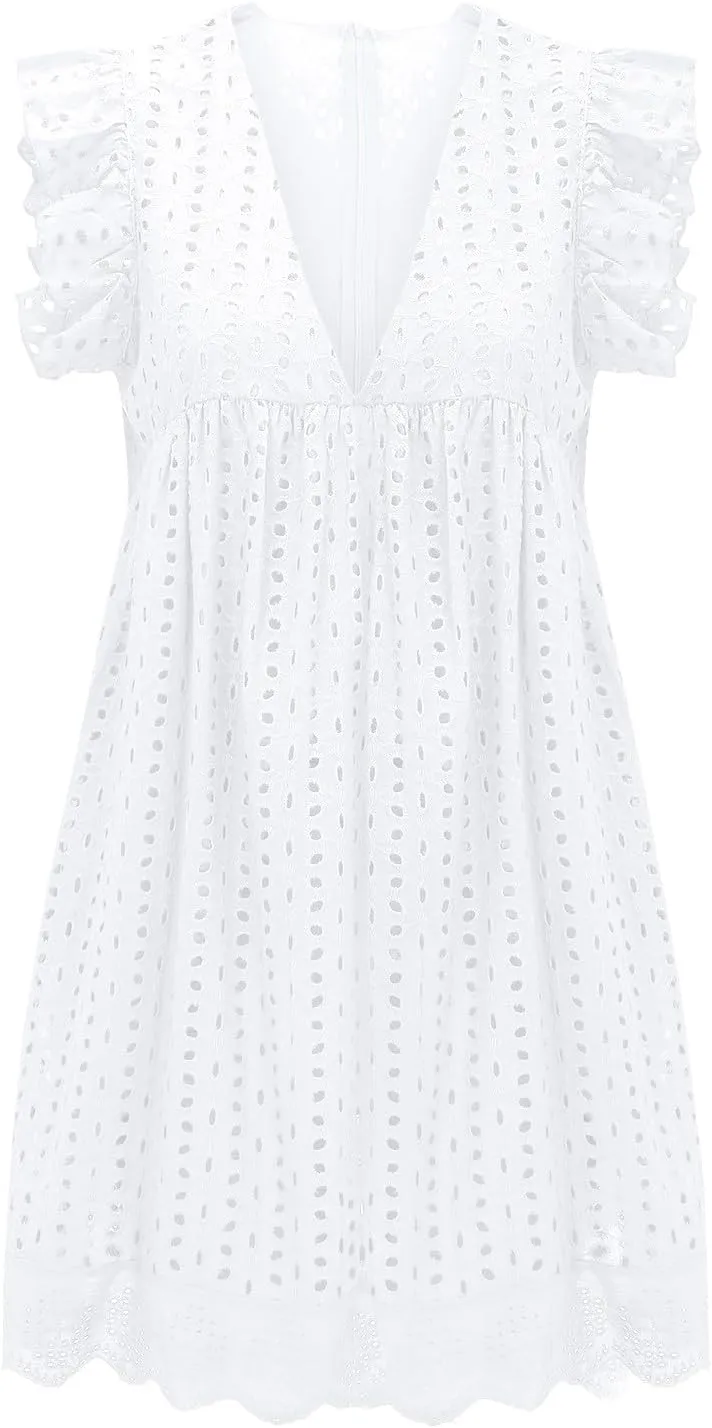 Womens Summer Dresses Cap Sleeve Babydoll Eyelet Ruffle V Neck Mini Dress Plus Size Casual Loose Sundress with Pockets Party