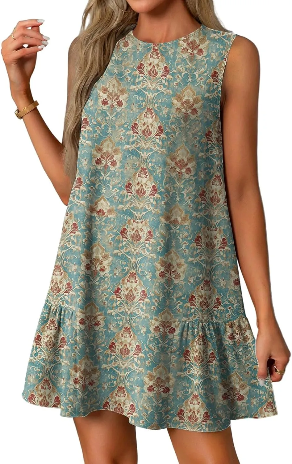 Womens Summer Dresses Casual Sleeveless Mini Dresses Ruffle Hem Crewneck Trendy Work Dress