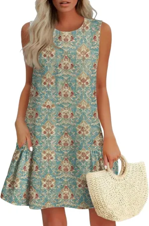 Womens Summer Dresses Casual Sleeveless Mini Dresses Ruffle Hem Crewneck Trendy Work Dress