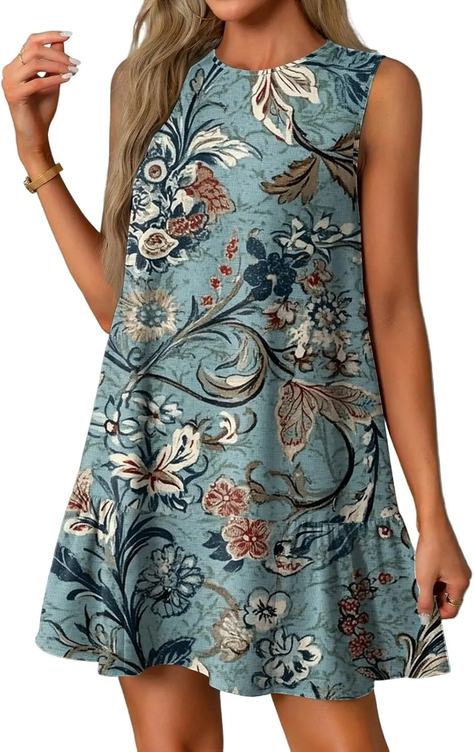 Womens Summer Dresses Casual Sleeveless Mini Dresses Ruffle Hem Crewneck Trendy Work Dress