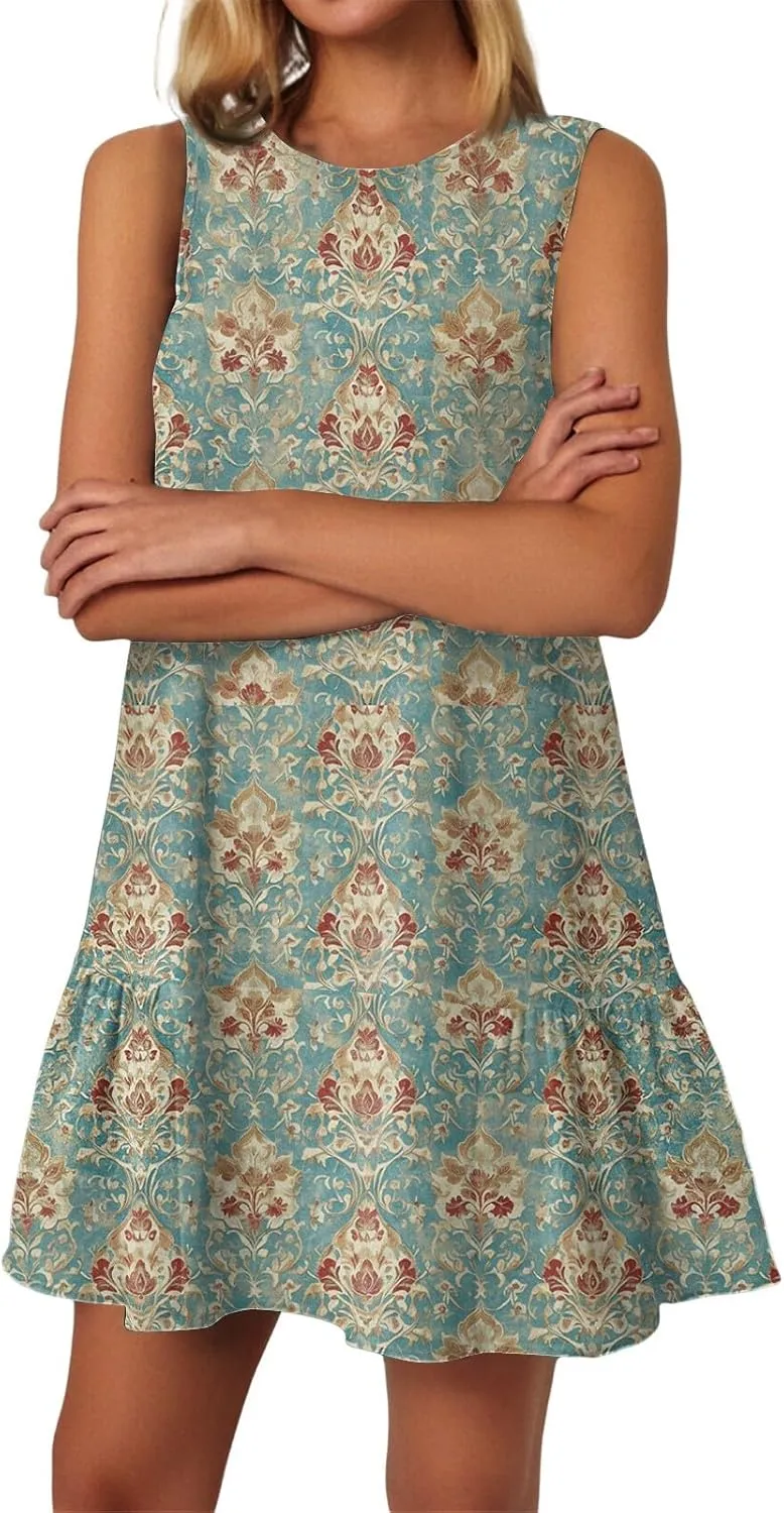 Womens Summer Dresses Casual Sleeveless Mini Dresses Ruffle Hem Crewneck Trendy Work Dress