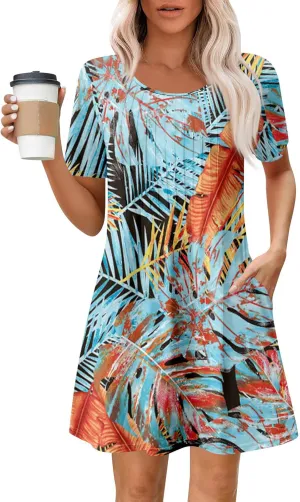 Women's Summer Dresses Loose Beach Vacation Casual Sundress with Pocket Short Sleeve Shirt Dress