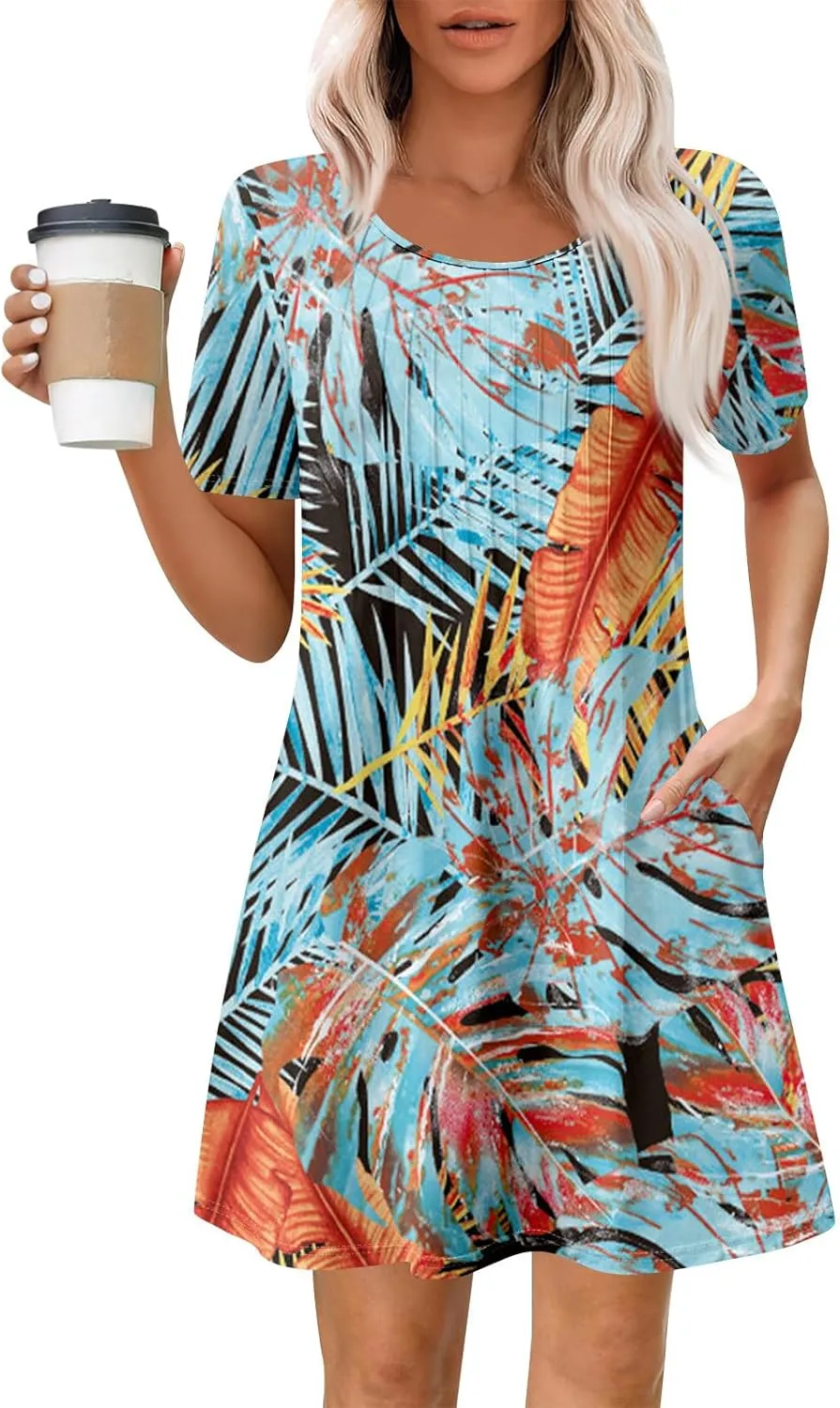 Women's Summer Dresses Loose Beach Vacation Casual Sundress with Pocket Short Sleeve Shirt Dress