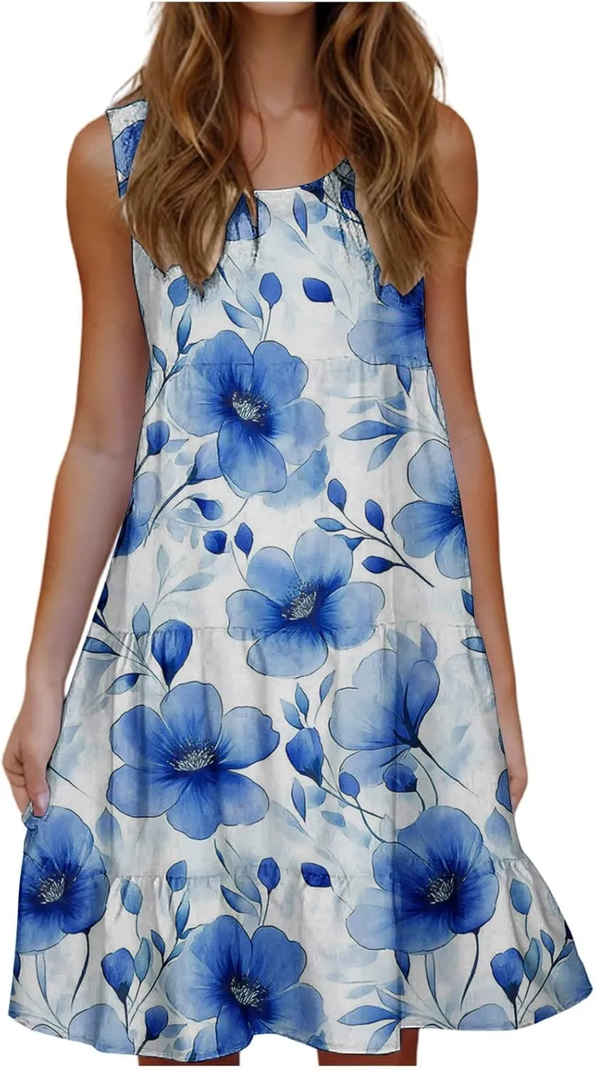 Womens Summer Dresses Tank Mini Dress Floral Spring Casual Flowy Tshirt Dress Outfits Flowy Wrap Beach Boho Sun Dress
