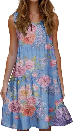 Womens Summer Dresses Tank Mini Dress Floral Spring Casual Flowy Tshirt Dress Outfits Flowy Wrap Beach Boho Sun Dress