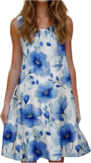 Womens Summer Dresses Tank Mini Dress Floral Spring Casual Flowy Tshirt Dress Outfits Flowy Wrap Beach Boho Sun Dress