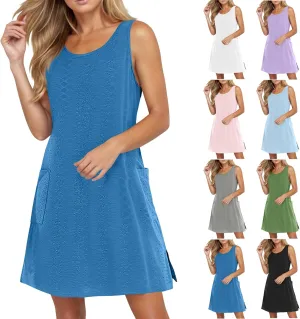 Womens Summer Eyelet Dresses 2025 Swimsuit Coverup with Pockets Casual Beach Vacation Sundresses Sleeveless Tank Dress