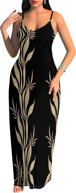 Women's Summer Maxi Dress Casual African Print Spaghetti Strap Long Maxi Dresses Sexy V-Neck Floral Sleeveless Beach Sundress