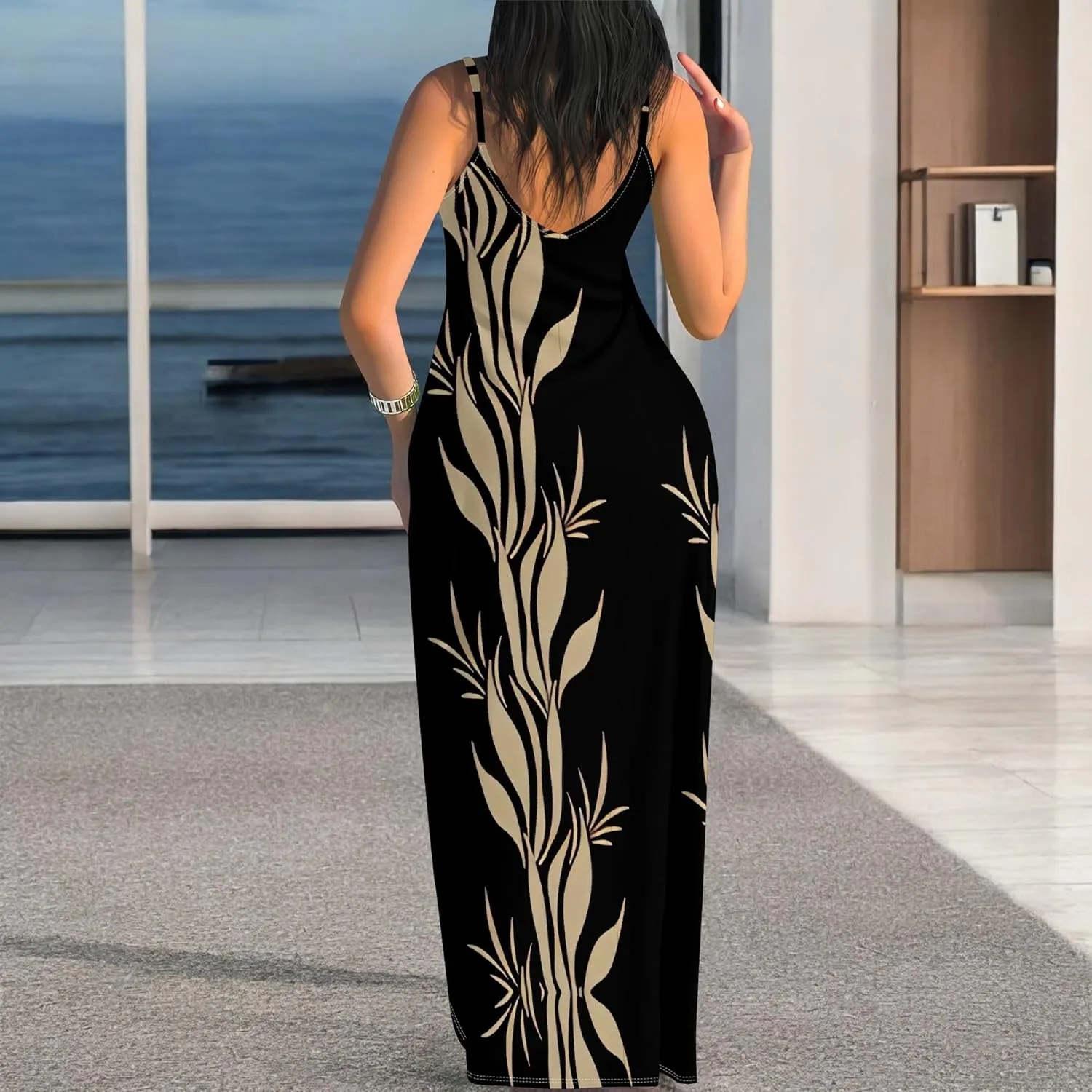 Women's Summer Maxi Dress Casual African Print Spaghetti Strap Long Maxi Dresses Sexy V-Neck Floral Sleeveless Beach Sundress