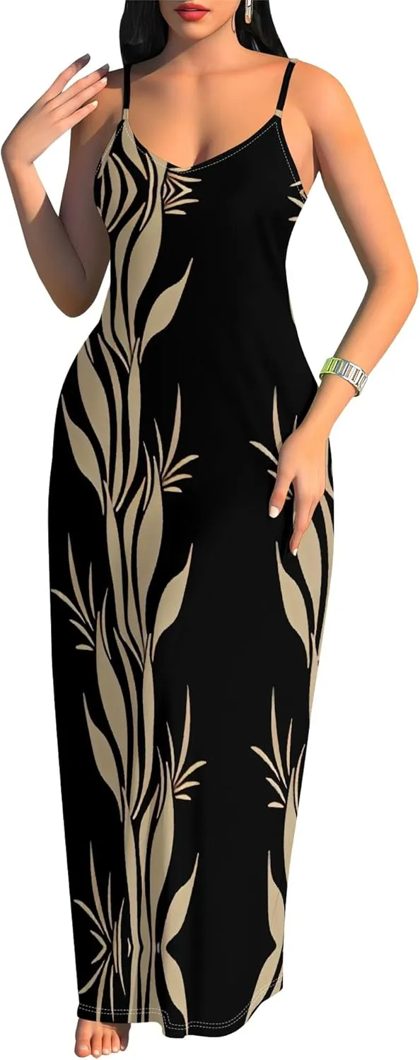 Women's Summer Maxi Dress Casual African Print Spaghetti Strap Long Maxi Dresses Sexy V-Neck Floral Sleeveless Beach Sundress