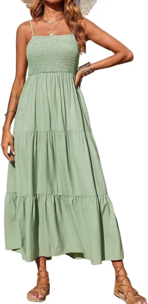 Women's Summer Maxi Dress Square Neck Spaghetti Straps Smocked Casual Beach Sundresses Flowy Tiered Long Dress