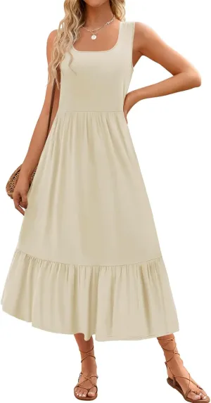 Women's Summer Sleeveless Dress Maxi Beach Vacation Dresses Casual Flowy Tired Sundress Square Neck Tank Top