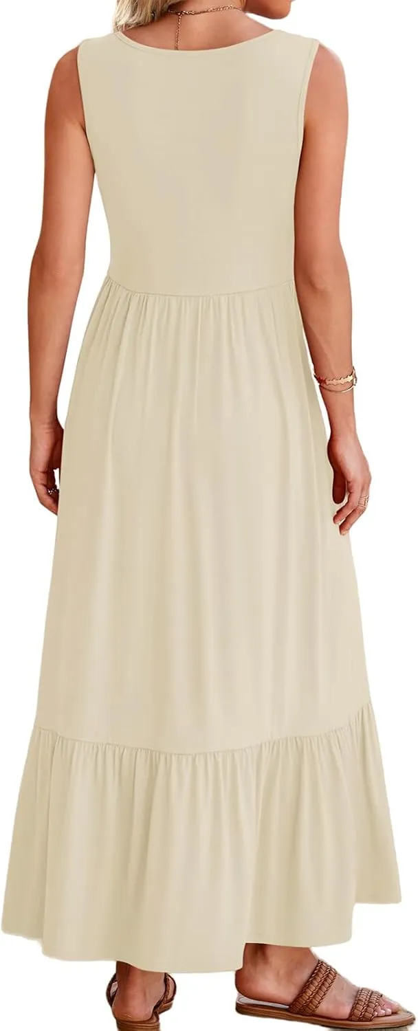 Women's Summer Sleeveless Dress Maxi Beach Vacation Dresses Casual Flowy Tired Sundress Square Neck Tank Top
