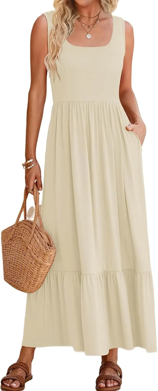 Women's Summer Sleeveless Dress Maxi Beach Vacation Dresses Casual Flowy Tired Sundress Square Neck Tank Top