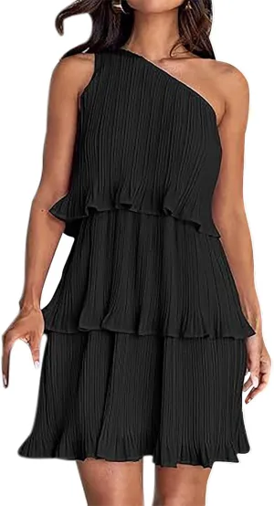 Women's Summer Sleeveless Mini Dress Boho One Shoulder Ruffle Tiered Layered Short Sundress Flowy Casual A Line Dress