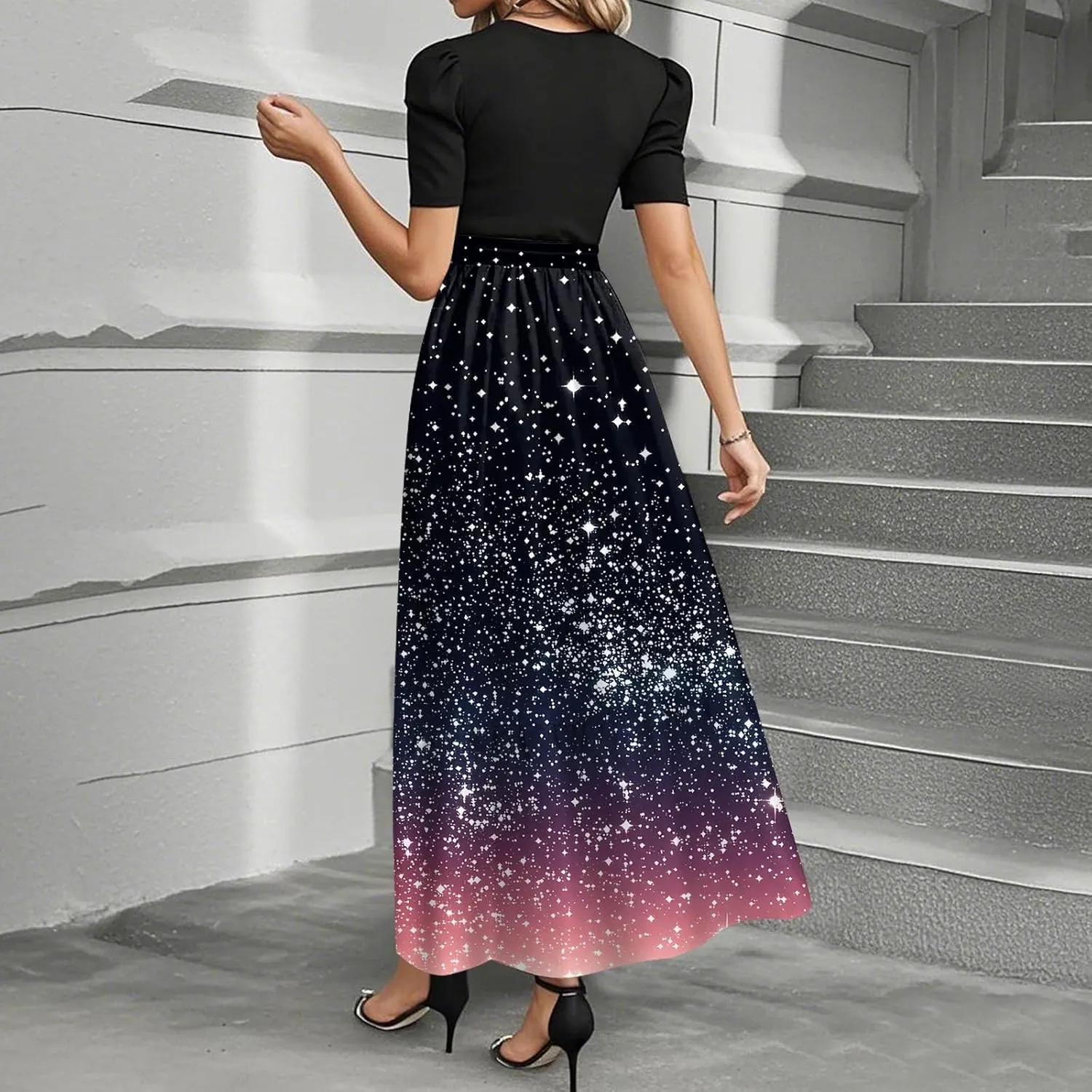Women's Summer Wrap Dress Casual Boho Floral Printed Sun Dress Crew Neck Short Sleeve Ruffle Hem Beach Long Dresses