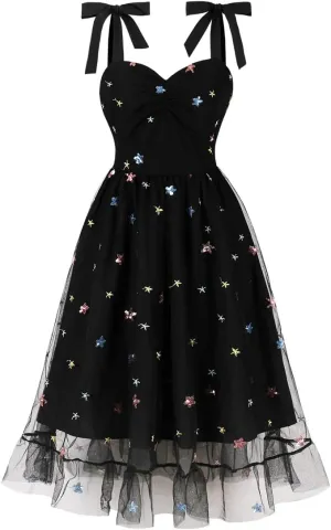 Women's Tie Strap Tulle Prom Dresses Sweetheart Flower Embroidery Dress Short Formal Party Mini Homecoming Dresses