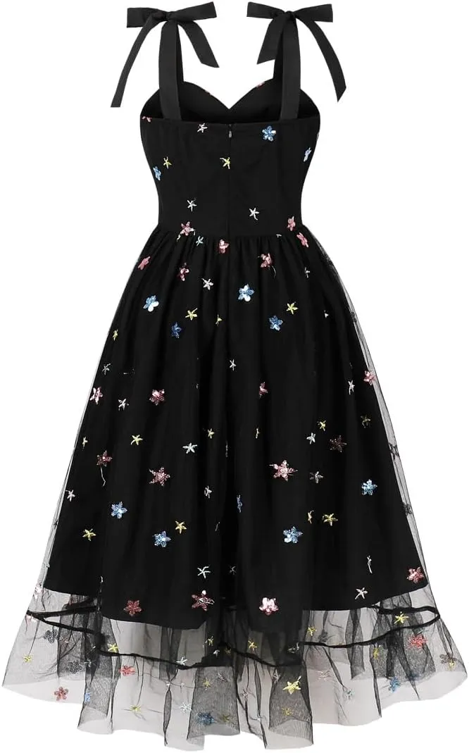 Women's Tie Strap Tulle Prom Dresses Sweetheart Flower Embroidery Dress Short Formal Party Mini Homecoming Dresses