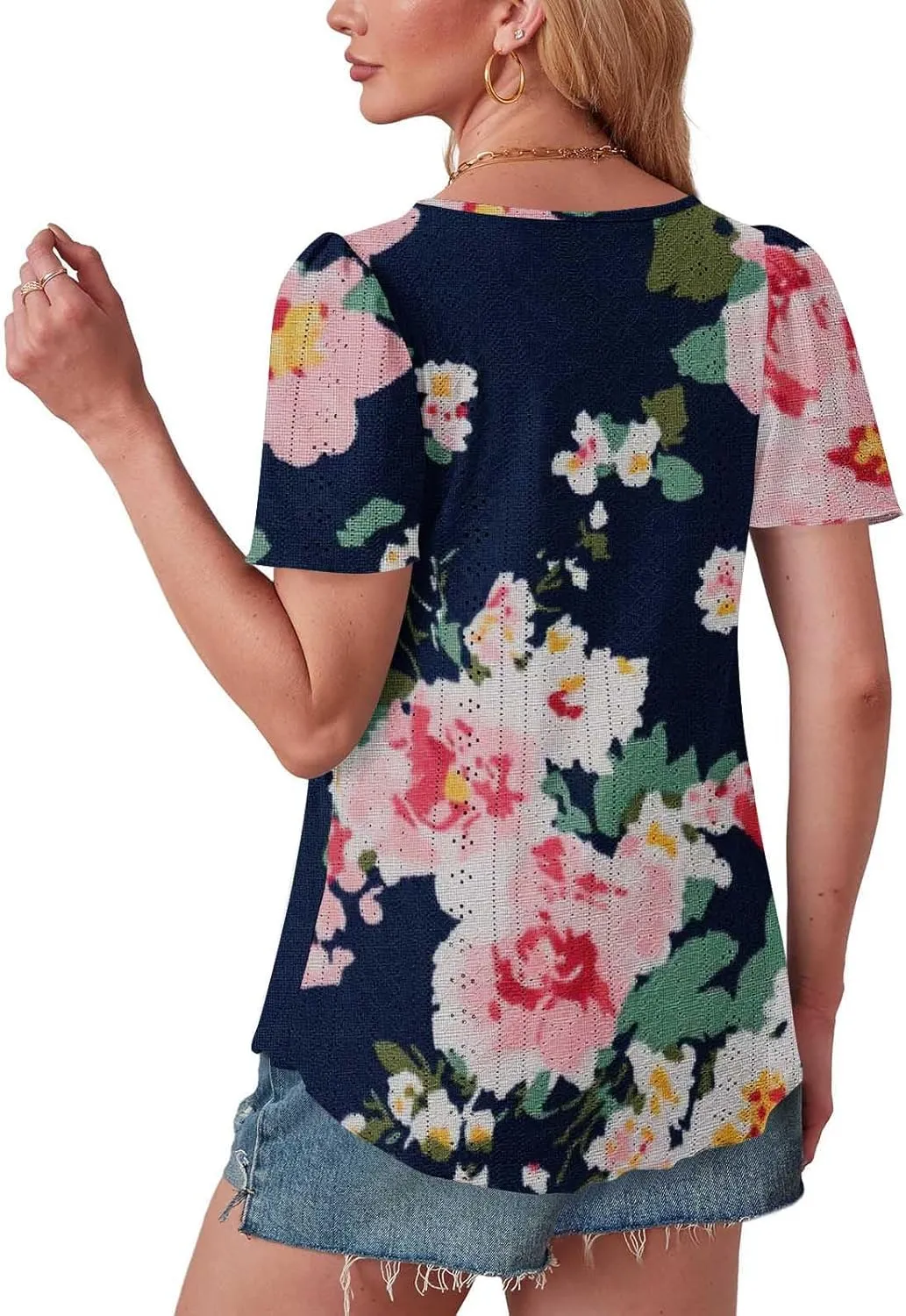 Womens Tops Eyelet Embroidery Scooped Neck Short Sleeve T Shirts Dressy Casual Summer Spring Cute Print Tees