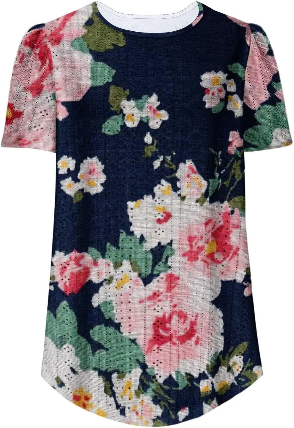 Womens Tops Eyelet Embroidery Scooped Neck Short Sleeve T Shirts Dressy Casual Summer Spring Cute Print Tees