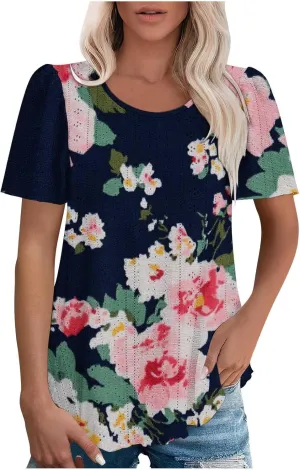Womens Tops Eyelet Embroidery Scooped Neck Short Sleeve T Shirts Dressy Casual Summer Spring Cute Print Tees